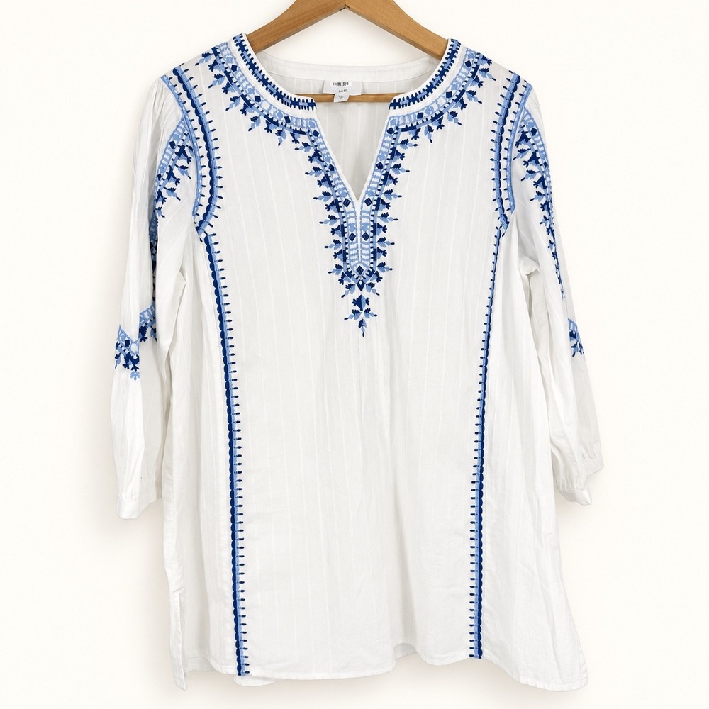 J.Jill Medium Tunic Top White Blue Embroidered Cotton Peasant Coastal Beachy